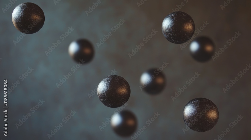 Poster minimalist abstract composition of dark floating clay spheres against a deep studio backdrop showcas