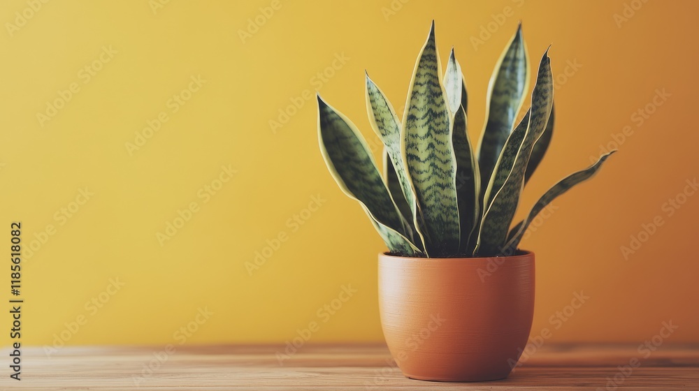 Poster exotic snake plant in terracotta pot against warm background with ample copy space for text or visua