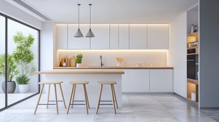 Stylish modern kitchen interior with white cabinets and natural wood accents showcasing minimalist design and bright, airy atmosphere