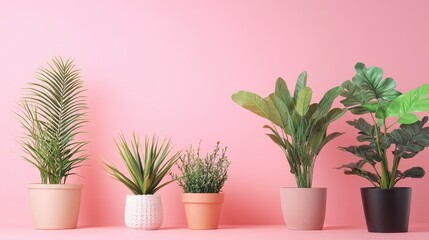 Fototapeta premium Home office decor with various artificial plants against a vibrant pink background for a fresh and modern aesthetic