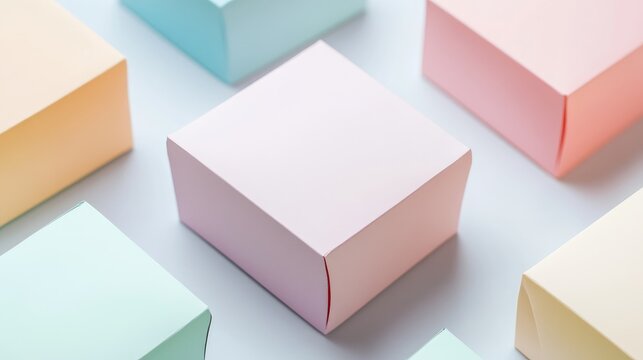 Pastel colored greaseproof bakery boxes arranged on a white surface for packaging and presentation in dessert shops and bakeries.