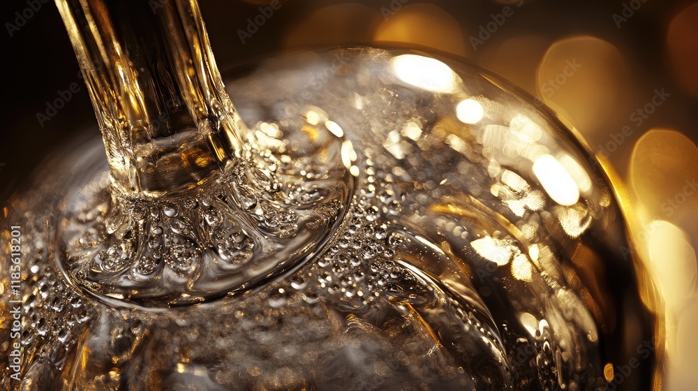 Poster elegant macro photography of a luxury bottle with textured surface and reflections in a glowing boke