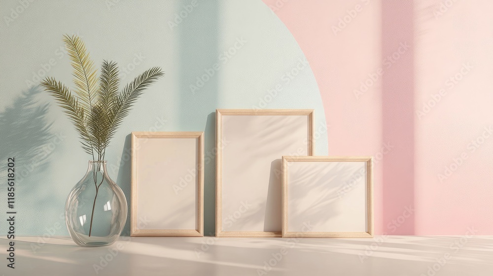 Poster minimalist design featuring empty frames a stylish glass vase and a delicate plant on a table with a