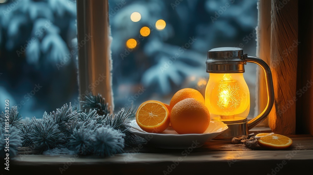 Poster cozy winter breakfast setting with oranges and lantern on table near frosted window featuring holida
