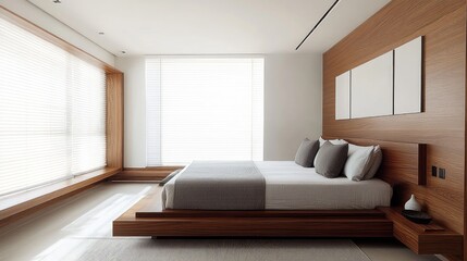 Fototapeta premium Modern minimalist bedroom showcasing a wooden bed frame and natural light with clean lines and a serene atmosphere.