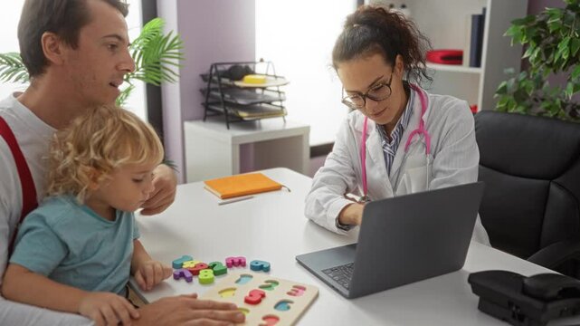 Doctor consulting father with toddler son using laptop in medical clinic