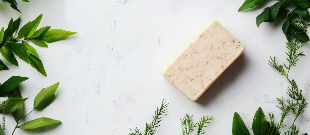 Poster botanical themed handmade soap bar on a neutral background with fresh greenery and ample space for t