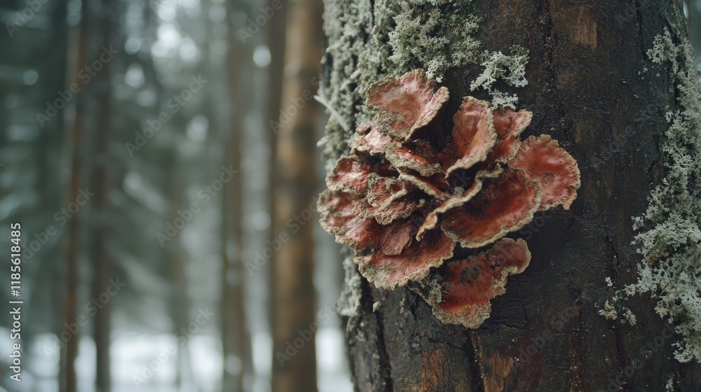 Poster lichen and rust-colored fungi on a fir tree trunk in a serene forest environment showcasing nature's