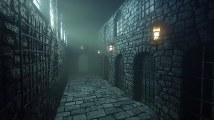 medieval castle dungeon corridor with stone walls and cell bars illuminated by dim lights