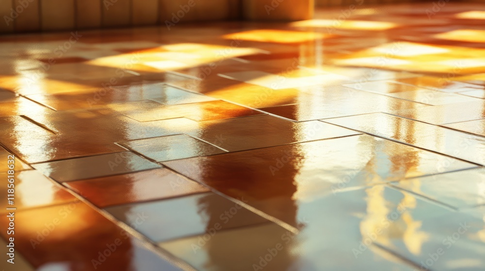 Poster reflection of sunlight on polished tile floor creating a warm and inviting atmosphere with vibrant c