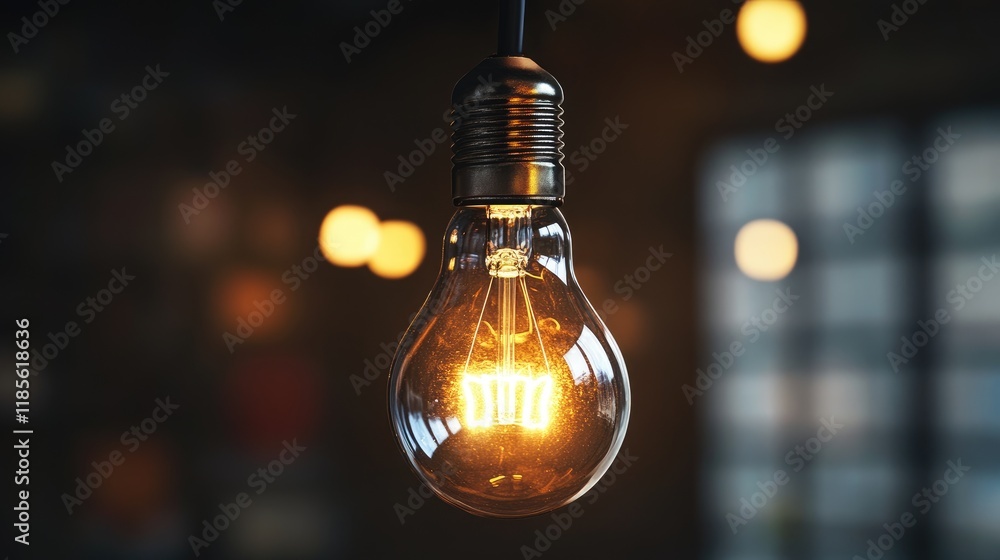 Poster vintage light bulb illuminating a dark space with blurred bokeh effect creating a warm and inviting 