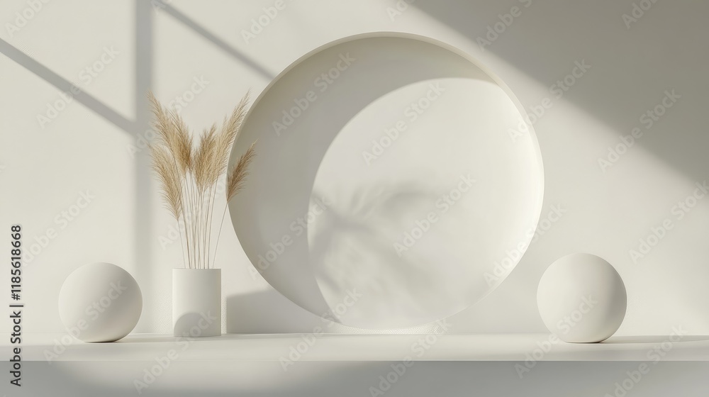 Poster minimalist interior design with abstract shapes and soft shadows creating a serene and elegant atmos