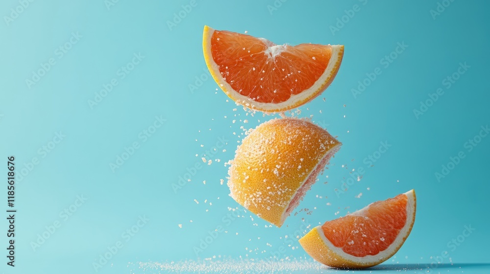 Poster floating grapefruit slices and sugar particles against a blue background creating a refreshing and v