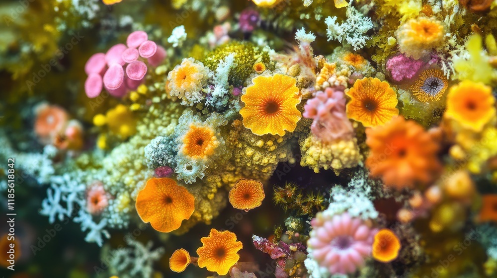 Aufkleber microscopic view of vibrant lichen and moss showcasing colorful patterns and textures in nature's in