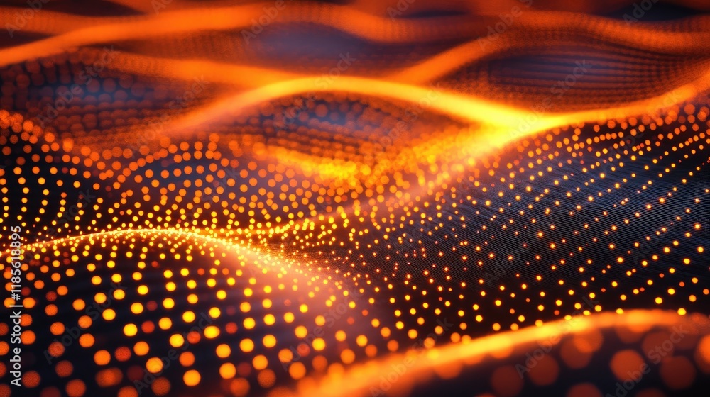 Poster dynamic abstract energy waves with electric patterns and glowing dots in vibrant orange and black ba
