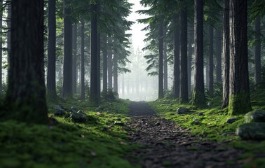 Fototapeta premium Serene Forest Pathway with Lush Greenery and Soft Misty Light