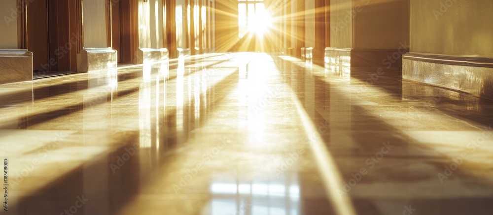 Poster sunlight illuminating a hospital corridor with shiny floors creating an empty space ideal for text i