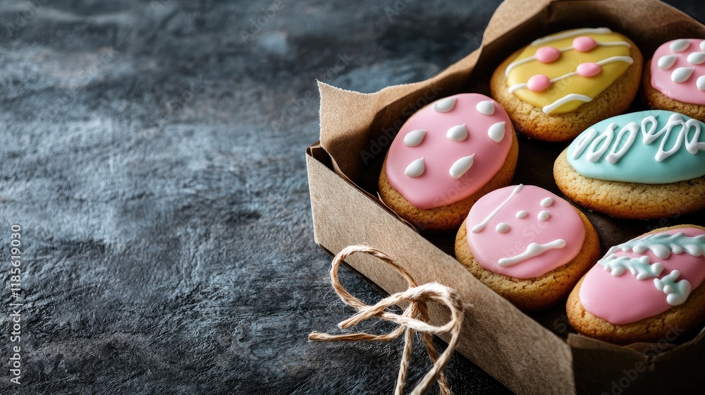 Poster homemade easter sugar cookies in a rustic box with colorful icing for spring celebrations and empty 