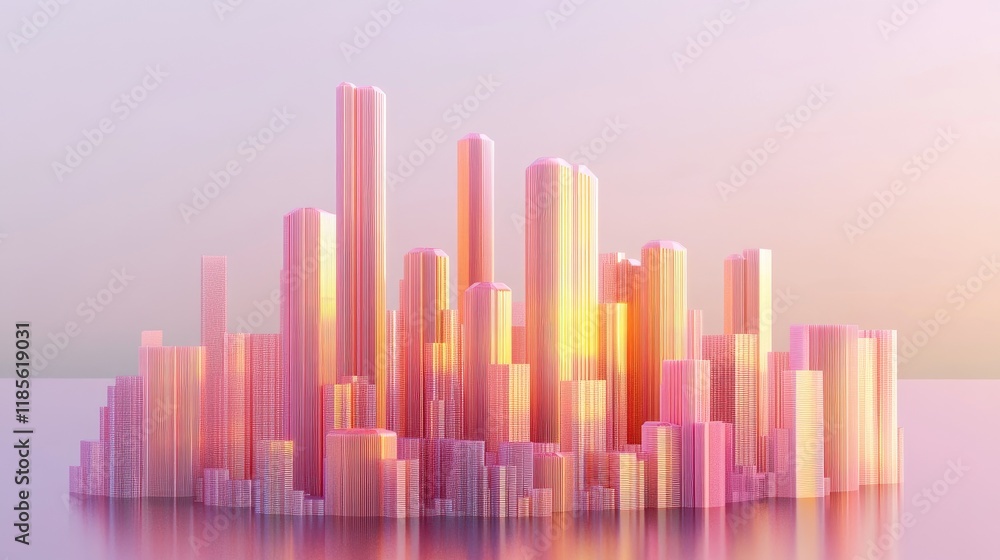 Poster an artistic representation of a d bar chart with a futuristic design, displaying multiple data sets 