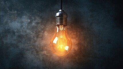 Vintage light bulb glowing against a textured dark background illuminating the surrounding area with warm light and ambiance