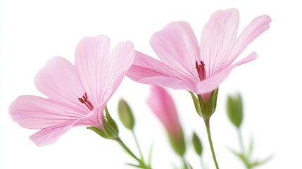 Fototapeta premium Delicate pink flower blossoms with soft focus on a white background highlighting their beauty and elegance in a serene floral composition