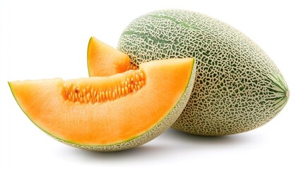 Fresh cantaloupe with slice showing ripe orange flesh on a clean white background for healthy eating and summer fruit themes