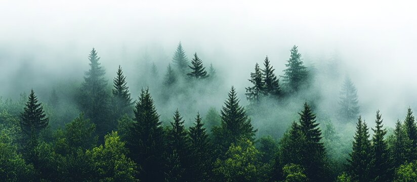 Misty forest landscape with dense fog creating an eerie atmosphere and ample negative space for text overlays and design elements