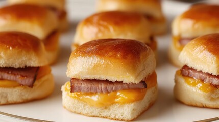 Savory ham and cheese sliders on fluffy rolls arranged elegantly on a white background for delicious culinary presentations.