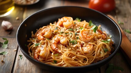 Delicious Pad Thai Stir Fry Noodles with Shrimp garnished with herbs in a rustic setting perfect for Asian cuisine showcases.