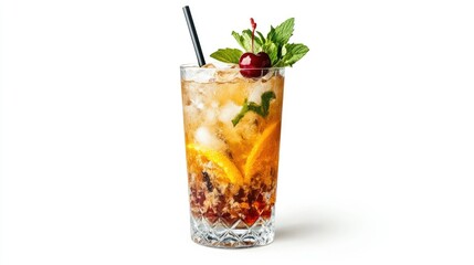 Refreshing summer cocktail with ice, orange, cherry, red wine, and mojito for celebration and socializing against a white background