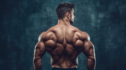 Obraz premium Muscular athlete showcasing powerful back muscles in dramatic lighting against a textured backdrop emphasizing strength and fitness.