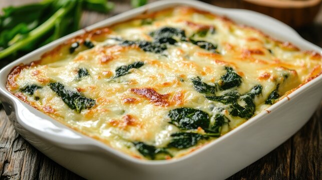 Creamy spinach and cheese casserole served in a white dish garnished with fresh greens on a rustic wooden table.