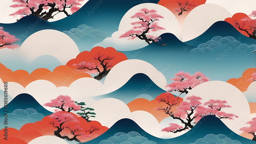 Aufkleber high resolution a vibrant and elegant japanese-style pattern repeating abstract background.