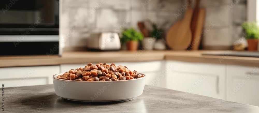 Poster natural dog food in a modern kitchen setting with ample empty space for customization and text overl