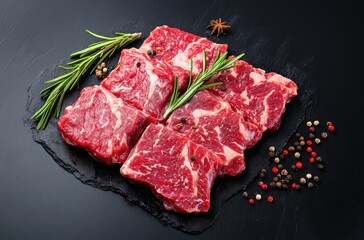 Fresh Raw Marbled Beef Cuts with Rosemary and Spices on Dark Slate Board for Culinary Presentation and Delicious Recipes