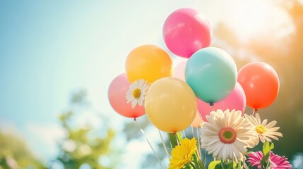 Colorful balloons and vibrant flowers create a joyful birthday atmosphere under a bright sunny sky celebrating special moments.