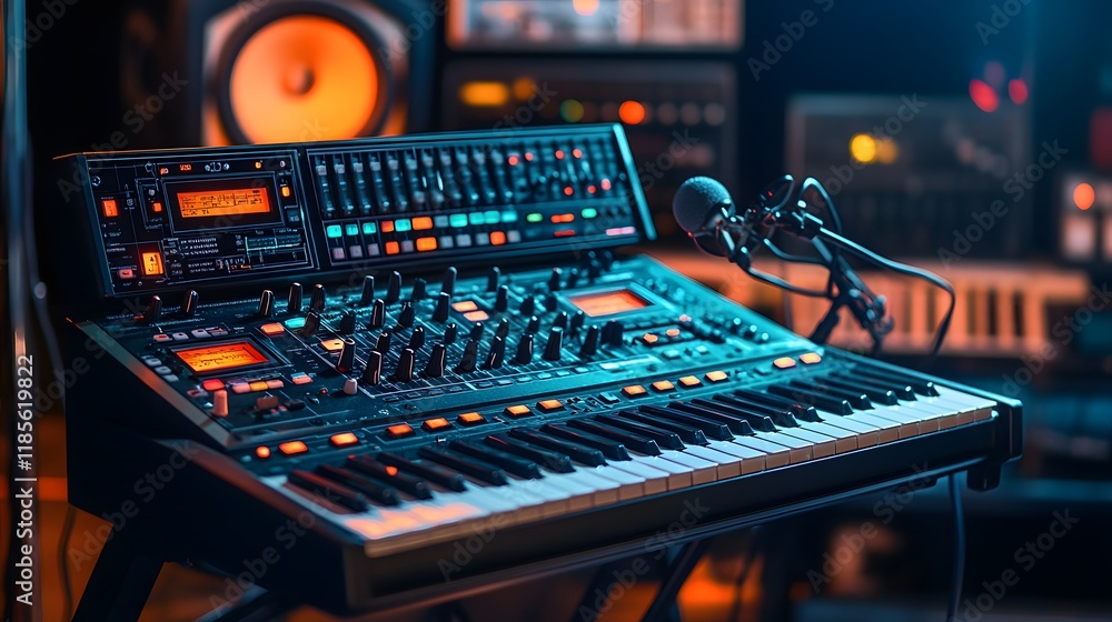Poster studio keyboard synth with microphone and equipment