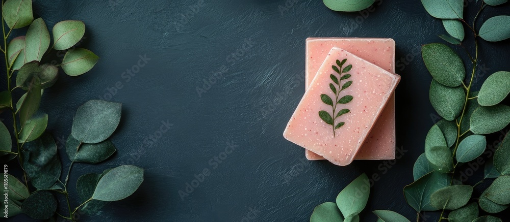 Poster botanical handmade soap bars with natural elements and blank space for branding or text on a dark te