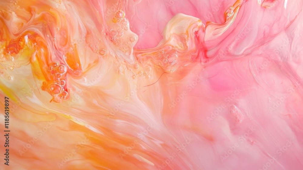 Poster abstract flowing pink and orange ink in water creating a vibrant artistic background with smooth tex