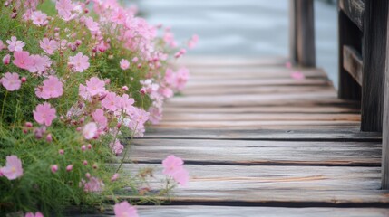 Pink flowers blooming on rustic wooden dock steps beside serene water background
