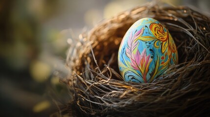 Obraz premium Colorful hand-painted Easter egg resting in a rustic nest surrounded by soft natural light and greenery. Celebrate spring and traditions.