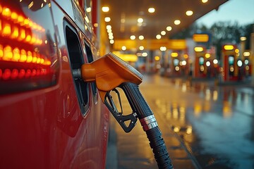 A fuel pump inserted into a vehicle at a gas station, with reflections on the wet ground and bright station lights in the background.