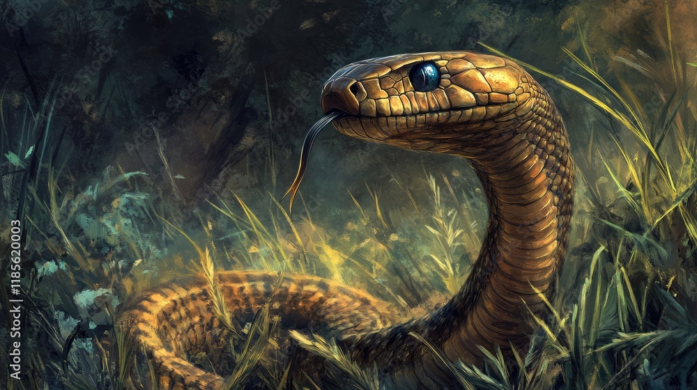 Poster spectacled cobra coiled in grass showcasing its striking features in a natural habitat setting with 