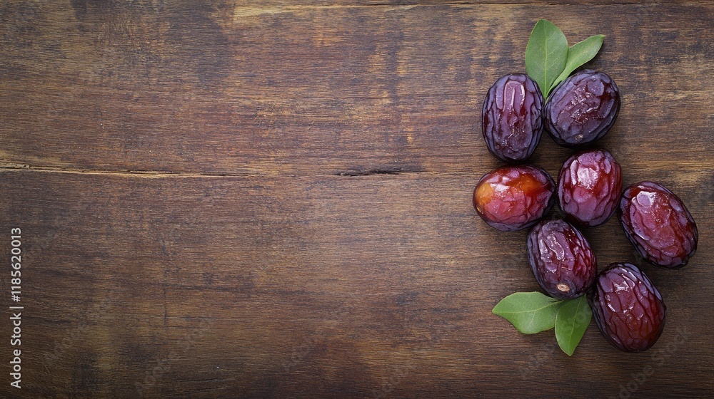 Poster medjool dates with green leaves on rustic wooden table background top view