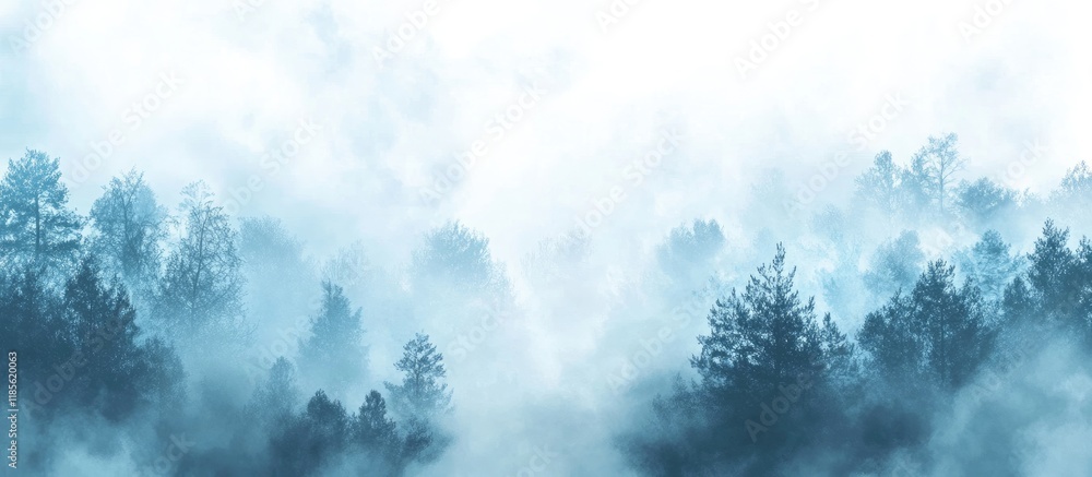 Poster misty fog blanketing a serene snow covered forest with ample space for text and tranquil atmosphere 