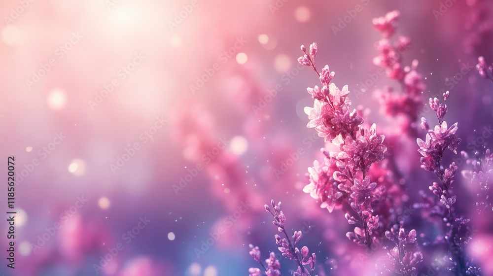 Poster blooming pink flowers on a tree in springtime with a dreamy abstract background and soft bokeh effec