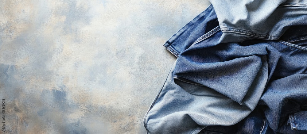 Poster folded gray and blue jeans on textured background with ample copy space for branding or promotional 