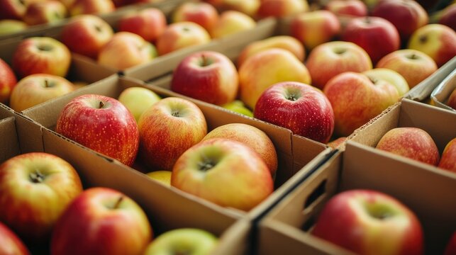 Freshly harvested apples neatly packed in wooden boxes at a fruit market showcasing vibrant colors and natural textures.