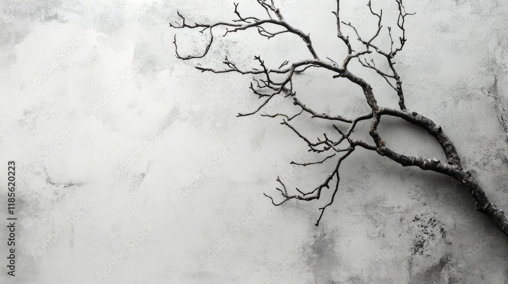 Poster artistic gray tree branch against minimalist textured background for nature and design composition