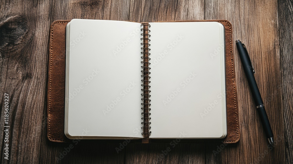 Poster empty spiral notebook with pen on rustic wooden background for creative writing or note taking